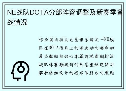 NE战队DOTA分部阵容调整及新赛季备战情况